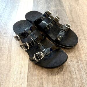 Vionic Misa Slip On Open Toe Sandal Womens 8 Shoes Black Patent Leather